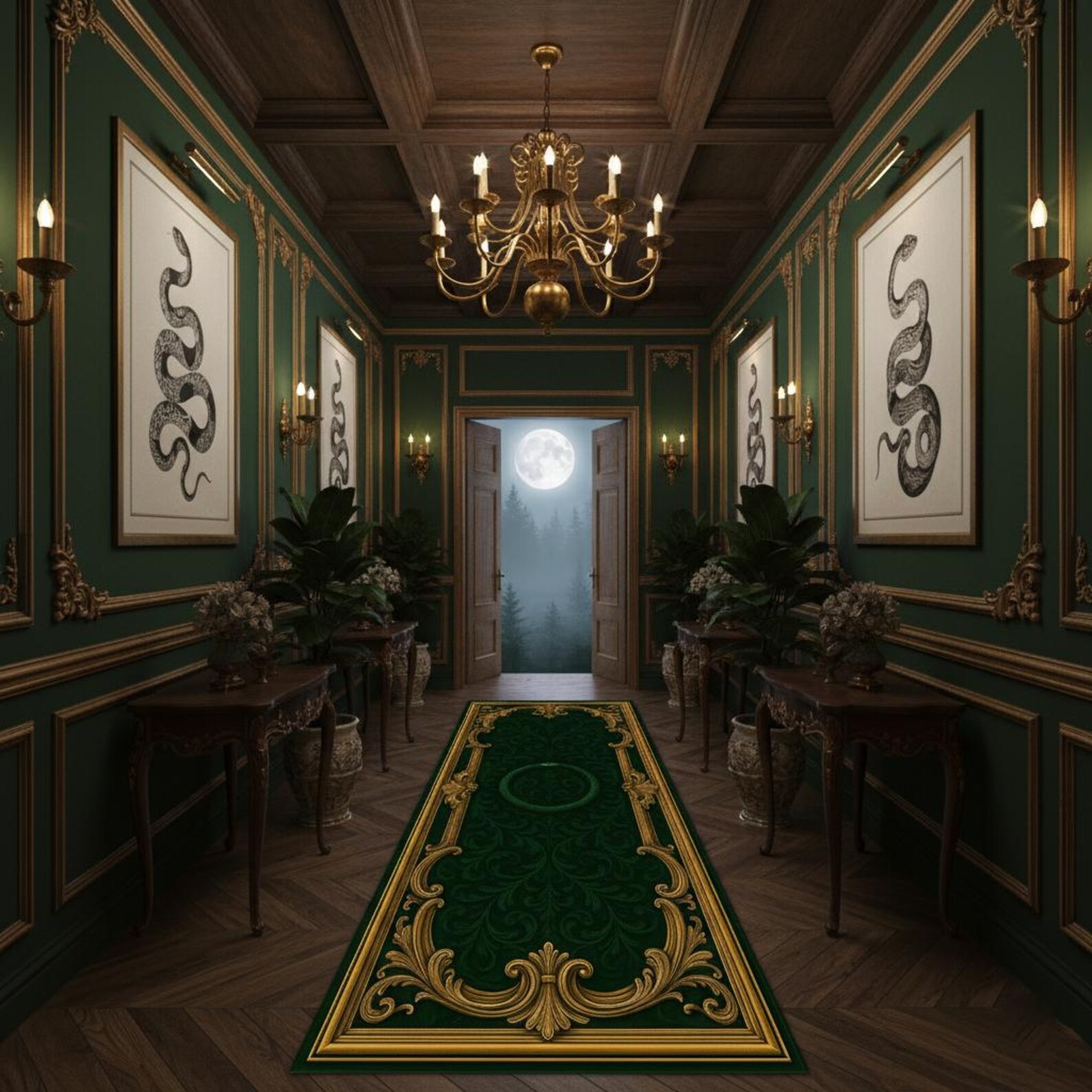 Emerald Green Baroque Runner Rug – Luxury Hallway Carpet With Gold ...