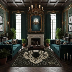 Alfombra gótica de escarabajo: alfombra de ciervo volante con rosas y marco ornamental, decoración del hogar de entomología oscura