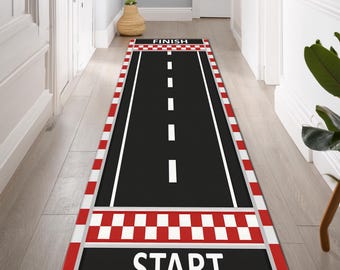 Race Track Runner Rug, Car Road Track Rug,Start Finish Line Rug,Hallway Rug,Long Racetrack Rug,Racing Car Rug,Racing Car,Game Room Rug,