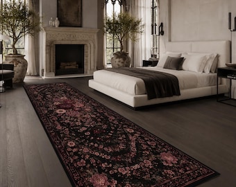 Tapete corredor floral escuro, tapete botânico bordô para corredor, tapete com medalhão de flores góticas, tapete corredor preto romântico para entrada, decoração floral sombria