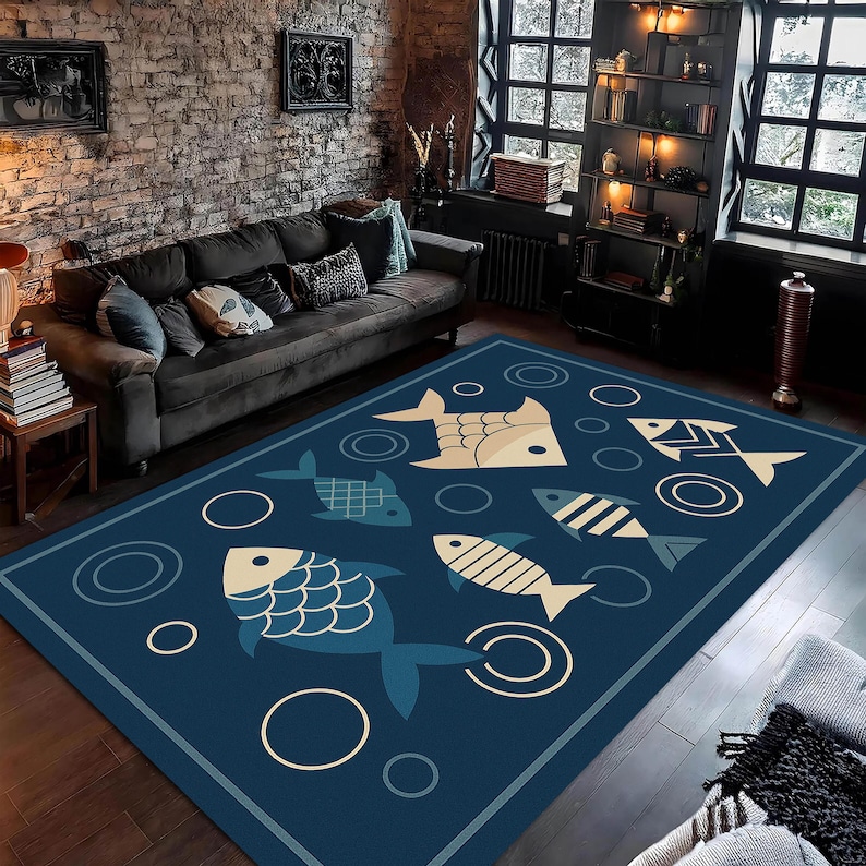 Playful Fish Rug – Nautical Ocean Carpet With Minimal Fish Pattern ...