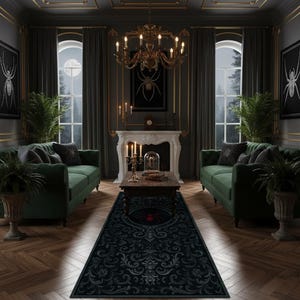 Gothic Spider Runner Rug – Black Hallway Carpet with Red Spider and Baroque Pattern, Dark Aesthetic Horror Decor, Halloween Accent