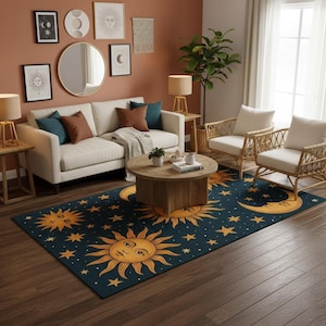 Alfombra celestial Sol y Luna: alfombra inspirada en la astrología mística con estrellas cósmicas para sala de estar o dormitorio.