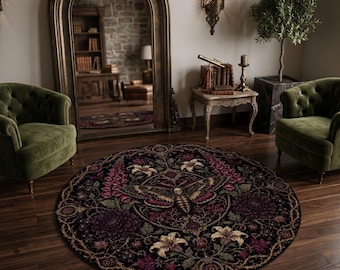 Tapete redondo com estampa de mariposa da morte, tapete gótico com borboletas, decoração floral escura, tapete botânico com temática de bruxaria, acessório decorativo para casa com mariposa caveira.