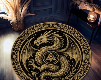 Tapete redondo de dragão místico – Tapete de fantasia preto e dourado – Tapete de alquimia gótica – Tapete circular oculto para decoração de bruxaria ou gamer