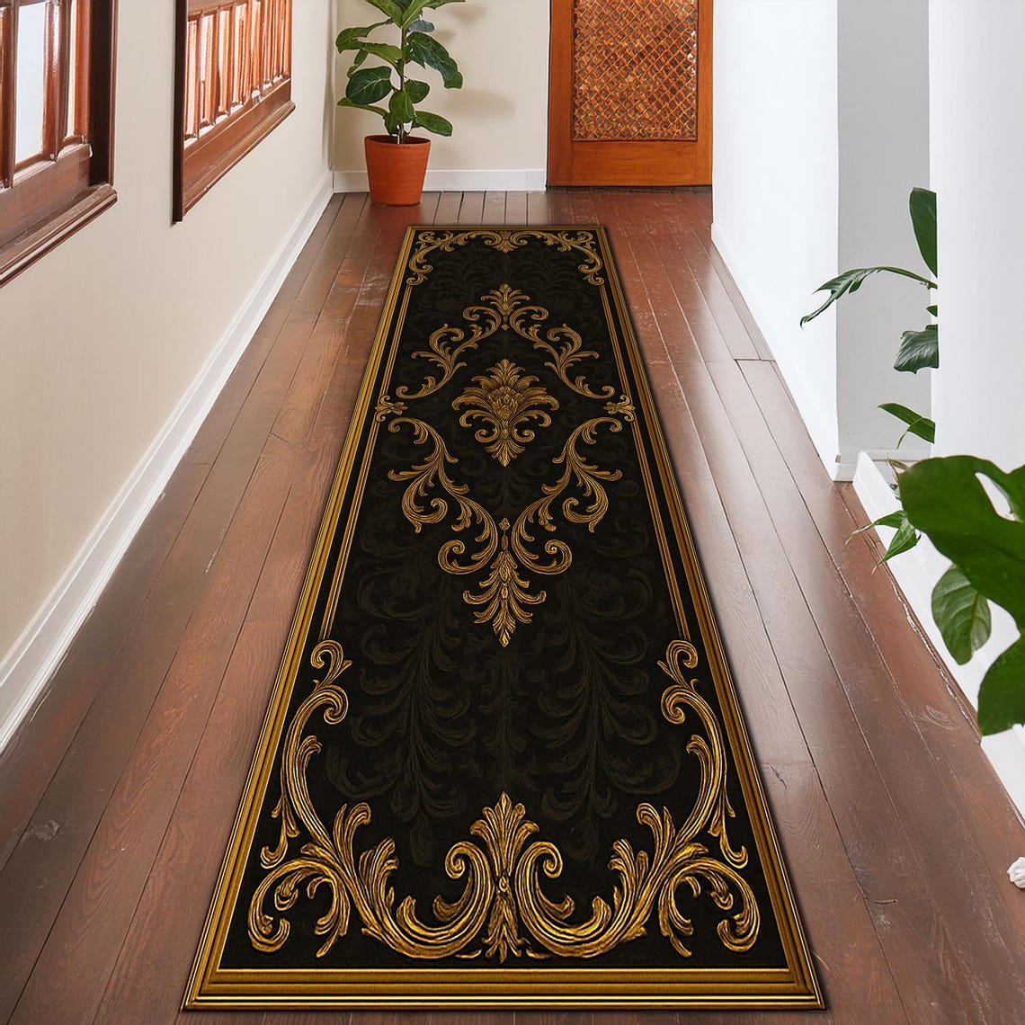 Black and Gold Baroque Runner Rug – Elegant Hallway Carpet With Ornate ...