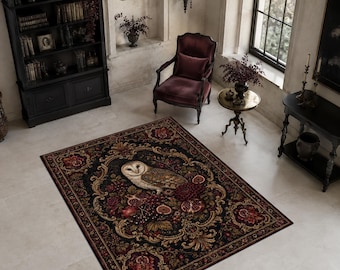 Tapete Gótico com Corujas, Tapete Floral de Romã, Tapete Escuro com Pássaros em Estilo Botânico, Tapete Bordô Ornamentado para Sala de Estar, Decoração Romântica e Inspirada em Bruxaria para Casa
