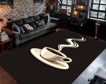 Tapete minimalista com estampa de xícara de café, fundo marrom escuro, design gráfico em formato de vapor, tapete para cozinha ou sala de estar com tema de barista.