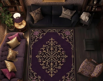 Purple Vintage Rug with Golden Baroque Floral and Rose Accents, Gothic Romantic Aesthetic Carpet for Living Room or Bedroom