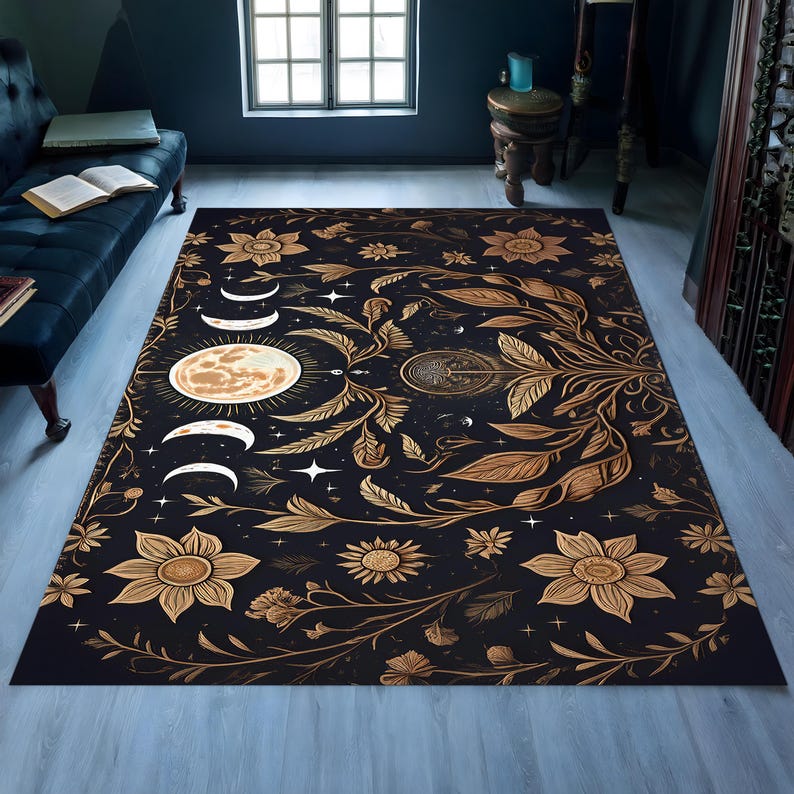 Moon Face Rug Cottagecore Inspire Rug, Dark Academia Decor, Gothic Rug, Moon Phase ...