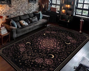 Tapete Floral Lua, Tapete Floral com Fundo Escuro, Tapete com Detalhe de Lua Crescente e Design Botânico, Tapete Elegante em Preto e Rosa