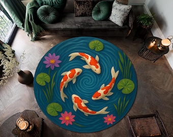 Koi Fish Round Rug with Lotus Flowers, Zen Inspired Japanese Style Carpet, Tranquil Bohemian Round Area Rug for Living Room or Meditation