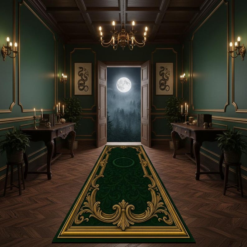 Emerald Green Baroque Runner Rug – Luxury Hallway Carpet With Gold ...