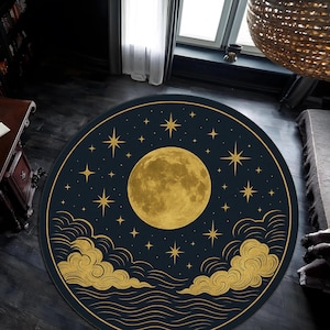 特価　定価240000　RRL　星と鷲のデザインラグ・円形・150cm　未使用 天体円形ラグ 夜空 – 深い青と金の月と星 – 宇宙占星術にインスパイア