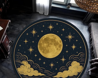 天体円形ラグ 夜空 – 深い青と金の月と星 – 宇宙占星術にインスパイア