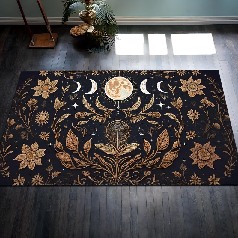 Moon Face Rug Cottagecore Inspire Rug, Dark Academia Decor, Gothic Rug, Moon Phase ...