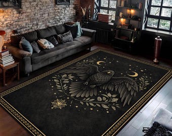 Tapete Black Eagle, Tapete com detalhes dourados de pássaros, Tapete com design simétrico de asas, Tapete marcante em estilo gótico escuro
