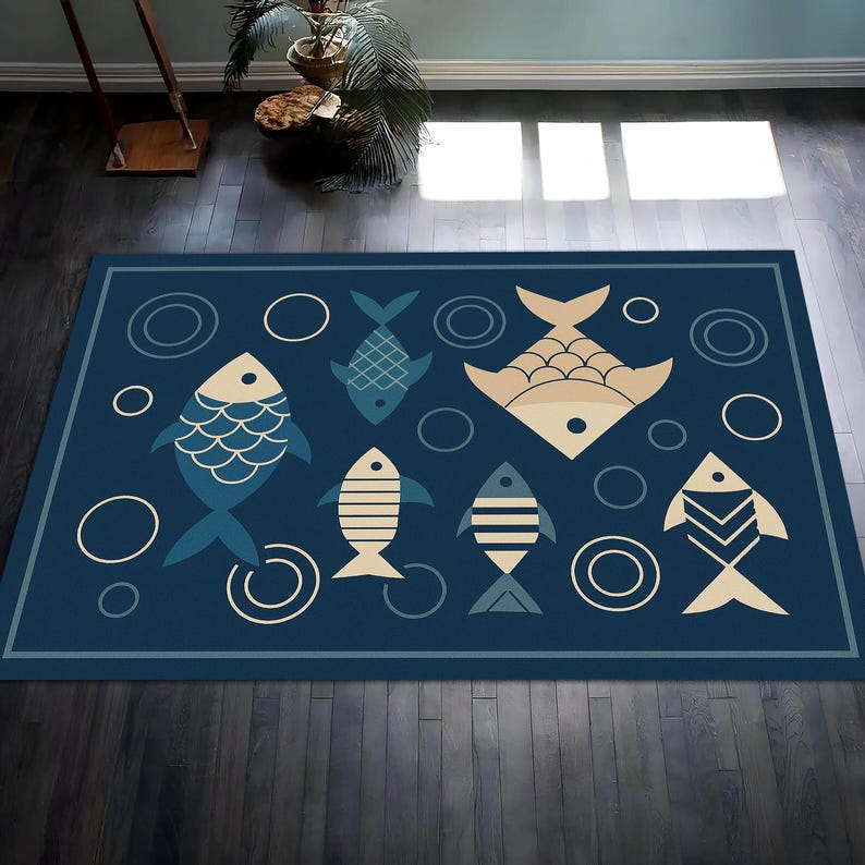 Playful Fish Rug – Nautical Ocean Carpet With Minimal Fish Pattern ...