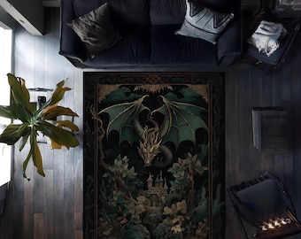 Drachen Teppich für Goth Raum, Dark Academia Magischer Drachen Teppich, Cottegore Wohnkultur, Gothic Teppich für Hexenzimmer, Fairycore Teppich,