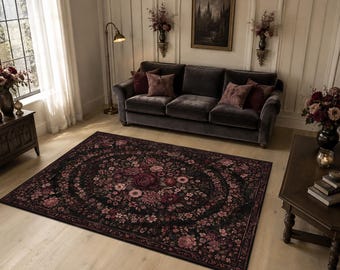Tapete floral escuro, tapete botânico bordô, tapete com medalhão de flores góticas, tapete romântico preto para sala de estar, decoração floral intimista para quarto.
