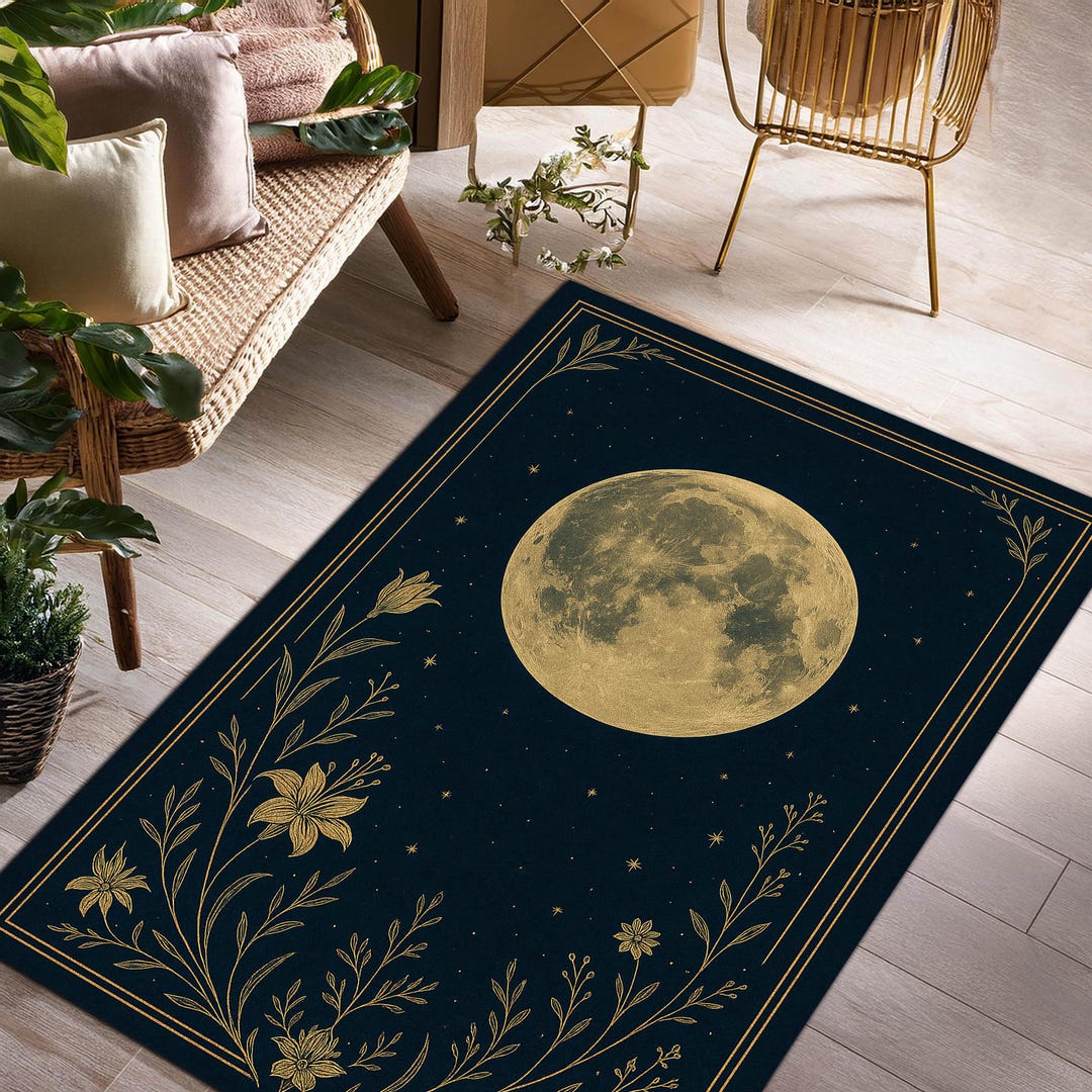 Moon Face Rug Moon Phase Rug With Golden Floral Celestial Design – Mystical Night Sky ...