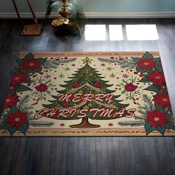 Merry Christmas Rug, Christmas Tree Doormat, Christmas Gift Rug, Snowflake Rug, New Year Rug, Xmas Rug, Holiday Gift Rug