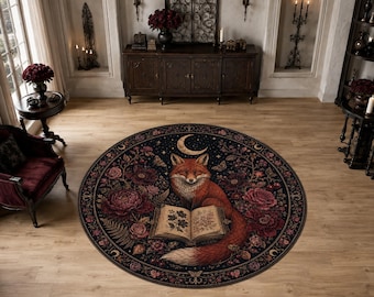 Tapete redondo gótico com raposa, tapete circular botânico com estampa de livro, tapete para área com tema de bosque iluminado pelo luar, tapete floral escuro com raposa, decoração para sala de leitura em estilo chalé de bruxa
