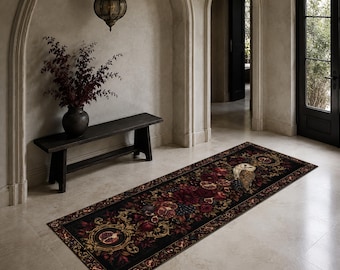 Tapete corredor com coruja gótica, tapete de corredor floral de romã, tapete escuro com pássaros botânicos, tapete corredor barroco bordô, decoração romântica e mística para casa.