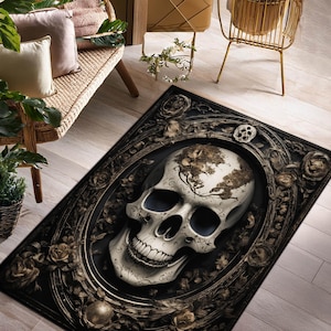 Skull Gothic Black Rug, Dark Academia Rug, Gothic Room Decor, Soft Washable Area Rug for Living Room - Modern Home Decor- Unique Design