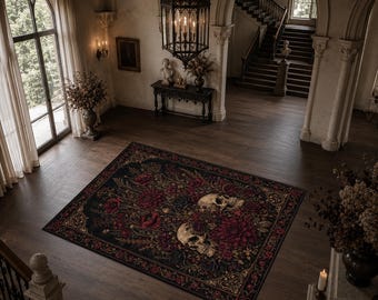 Tapete gótico com caveiras, tapete floral bordô, tapete com esqueleto botânico escuro, tapete para sala de estar com rosas pretas, decoração alternativa e sombria para quarto.