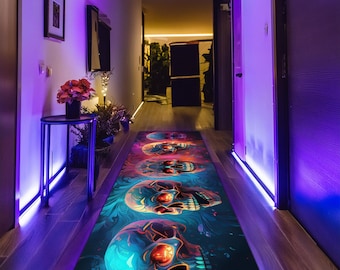 Psychedelic Skull Runner Rug – Gothic Hallway Carpet with Colorful Skulls, Alternative Dark Decor for Corridor or Entryway