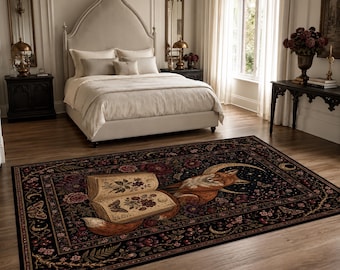 Tapete Raposa Gótica, Tapete Livro Botânico, Tapete Bosque ao Luar, Tapete Raposa Floral Escuro para Sala de Estar, Decoração de Sala de Leitura em Estilo Cabana de Bruxa