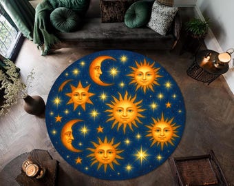Tapete Redondo Celestial – Tapete com Rosto de Sol e Lua – Tapete Circular com Céu Estrelado – Decoração Boho Cósmica para Espaços Espirituais e de Bruxaria