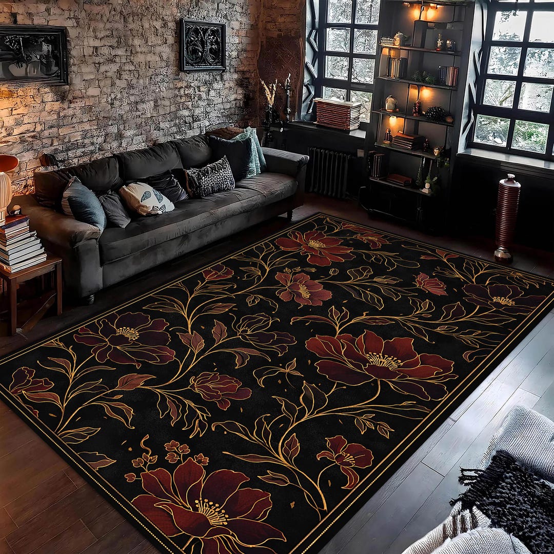 Red Floral Rug, Black Background Flower Carpet, Gold Line Botanical ...