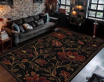 Tapete floral vermelho, tapete de flores com fundo preto, tapete com desenho botânico e linhas douradas, tapete floral de grande escala.