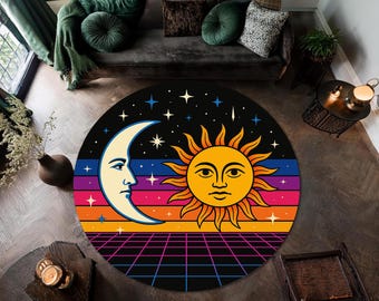Tapete redondo retrô com sol e lua – Tapete estético Vaporwave – Tapete celestial Boho cósmico – Decoração de quarto colorida estilo anos 80