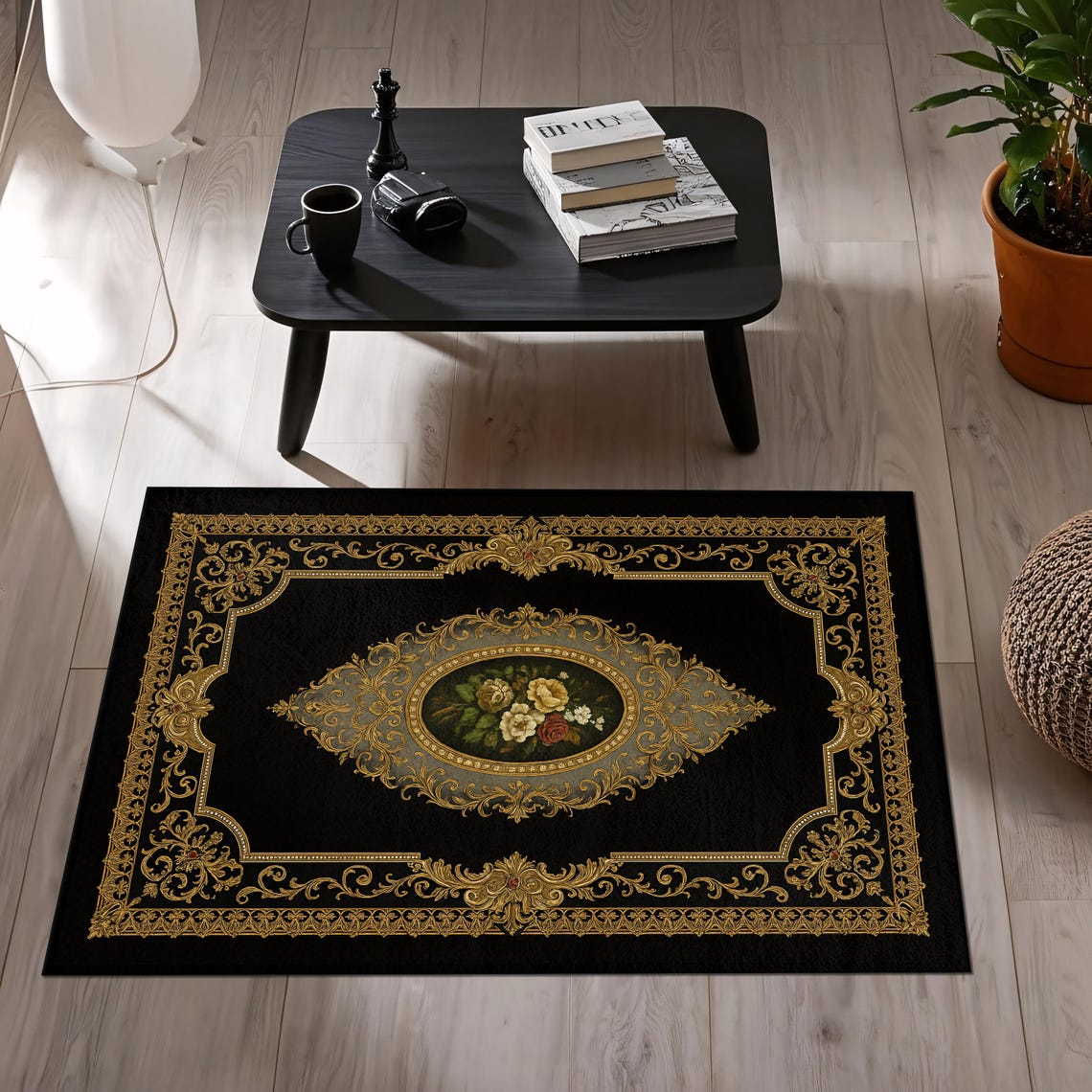 Luxury Black Gold Baroque Area Rug With Floral Medallion, Elegant ...