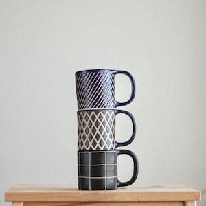 Handmade Ceramic Mug, Hand Built Pottery, Tape Resist Geometric Pattern, Stoneware Coffee Cup