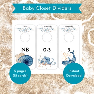 Baby closet dividers, sea animals, printable baby size organizer, gender neutral baby clothing, nursery closet dividers, clothing dividers