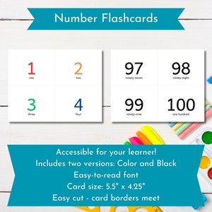 Può includere: Flashcards con numeri colorati da 1 a 4 e da 97 a 100. Le carte sono bianche con testo nero e i numeri sono di colori diversi. Il testo sotto ogni numero scrive il numero. Il testo in fondo all'immagine dice "Accessibile per il tuo alunno! Include due versioni: Colore e Nero Font facile da leggere Dimensione della carta: 5,5" x 4,25" Taglio facile - i bordi delle carte si incontrano"