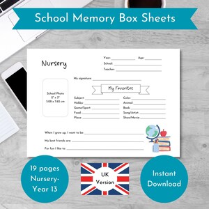 School Memory Sheets [UK], School Memory Box, School Memory Questionnaire, School Keepsake, School File Box, School Milestone Kit