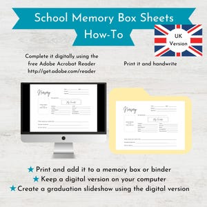 May include: Printable school memory box sheets for nursery students. The sheets include sections for student information, favorite things, and a space for a teacher's note. The sheets are designed to be completed digitally using Adobe Acrobat Reader or printed and handwritten.