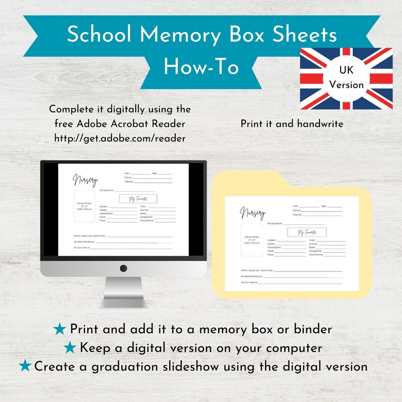 May include: Printable school memory box sheets for nursery students. The sheets include sections for student information, favorite things, and a space for a teacher's note. The sheets are designed to be completed digitally using Adobe Acrobat Reader or printed and handwritten.