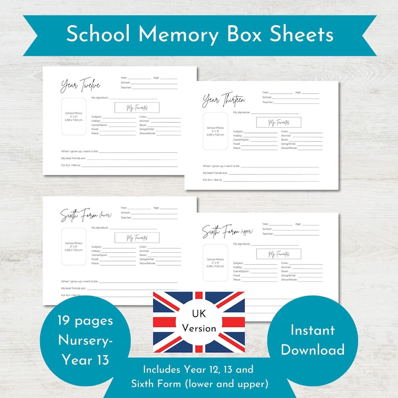 May include: A set of 19 printable school memory box sheets for children in the UK. The sheets include pages for each year from Nursery to Year 13, including Sixth Form (lower and upper). The sheets are designed to help children record their memories and experiences from each year of school.