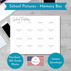 May include: Printable school picture memory box template with spaces for photos from preschool to 12th grade. The template is designed for 2x3 inch photos and includes spaces for each grade level from preschool to 12th grade. The template is labeled with the grade level and has a space for the school photo. The template is in US letter size.