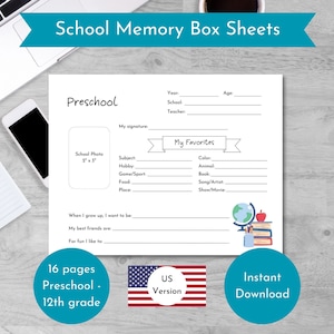 School Memory Sheets, School Memory Box, School Memory Questionnaire, School Keepsake, School File Box, School Milestone Kit