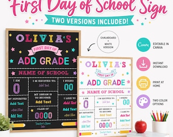 Schild für den ersten Schultag, bearbeitbare Canva-Vorlage, druckbare Schultafel, Schild zum Schulanfang, Sofort-Download, Tafel- und weißes Schild