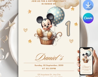 May include: A beige birthday party invitation with a cartoon Mickey Mouse holding a blue and white polka dot balloon. The invitation says "Join us for a birthday party in honor of Daniel's" and includes the date, time, and location of the party.