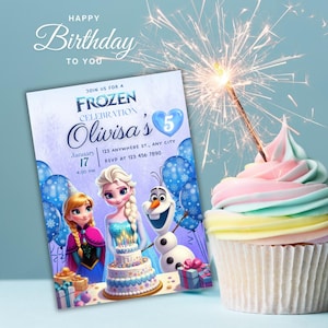 May include: Frozen themed birthday party invitation with a purple background. The invitation features Elsa and Olaf from the movie Frozen, along with a birthday cake and presents. The text on the invitation reads "Join us for a Frozen Celebration, Olivisa's 5, January 17, 4:00 PM, 123 Anywhere St., Any City, RSVP at 123 456 7890".