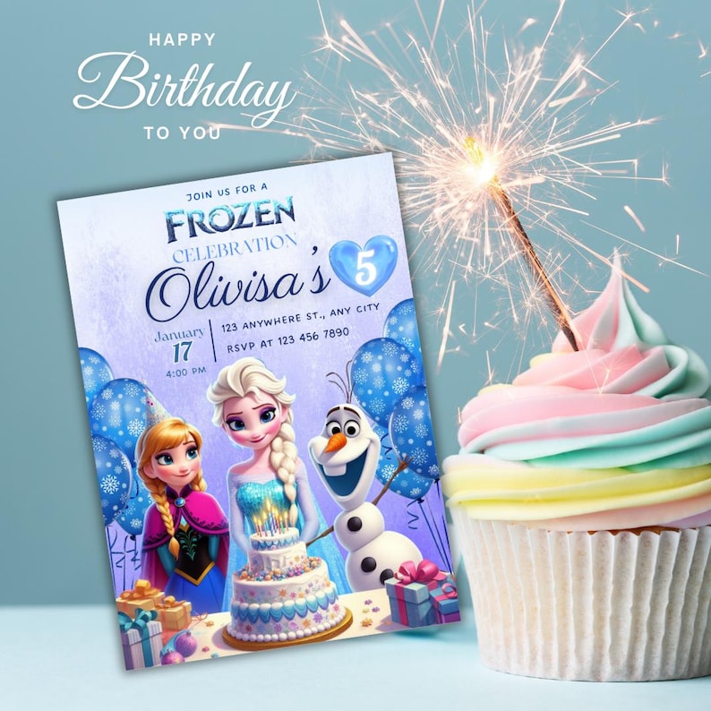 May include: Frozen themed birthday party invitation with a purple background. The invitation features Elsa and Olaf from the movie Frozen, along with a birthday cake and presents. The text on the invitation reads "Join us for a Frozen Celebration, Olivisa's 5, January 17, 4:00 PM, 123 Anywhere St., Any City, RSVP at 123 456 7890".